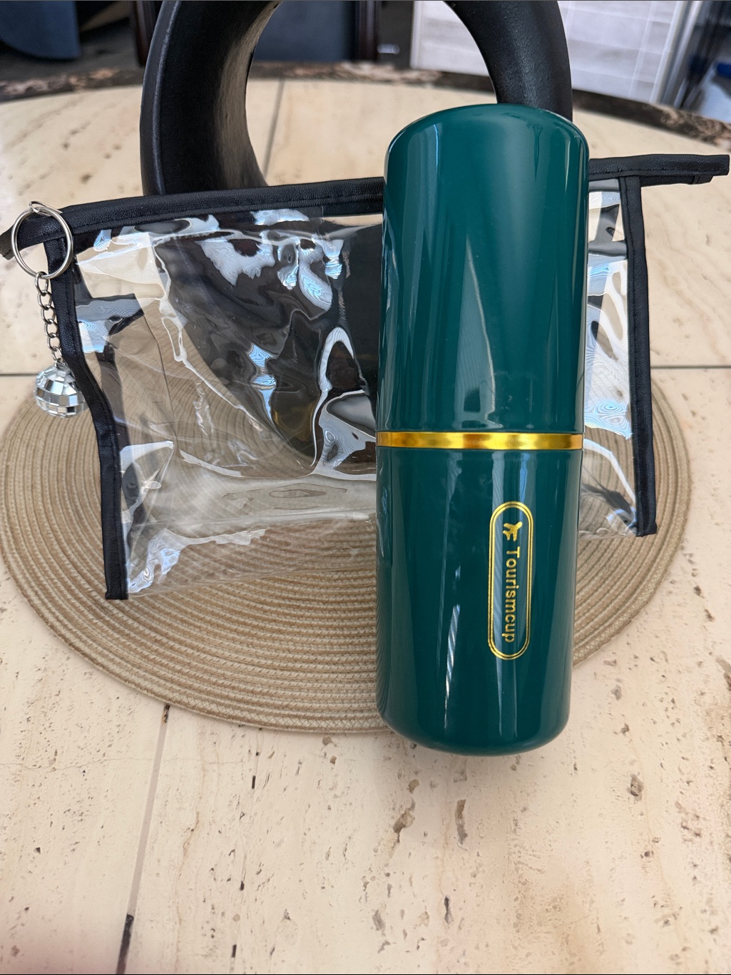 Emerald Green Travel Tourismcup With Gold Trim  Clear Cosmetic Bag